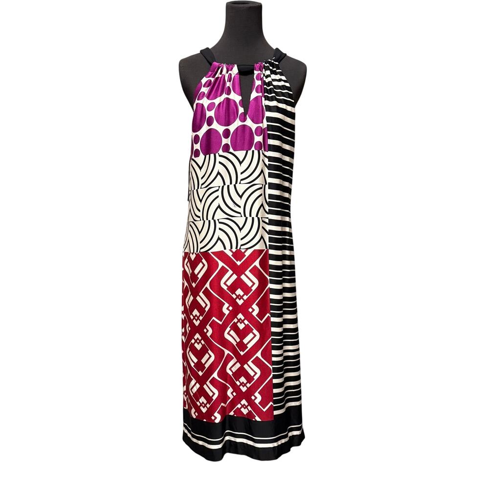 Trina Turk Geometric print halter top dress - midi tie back silky pencil sz S/M